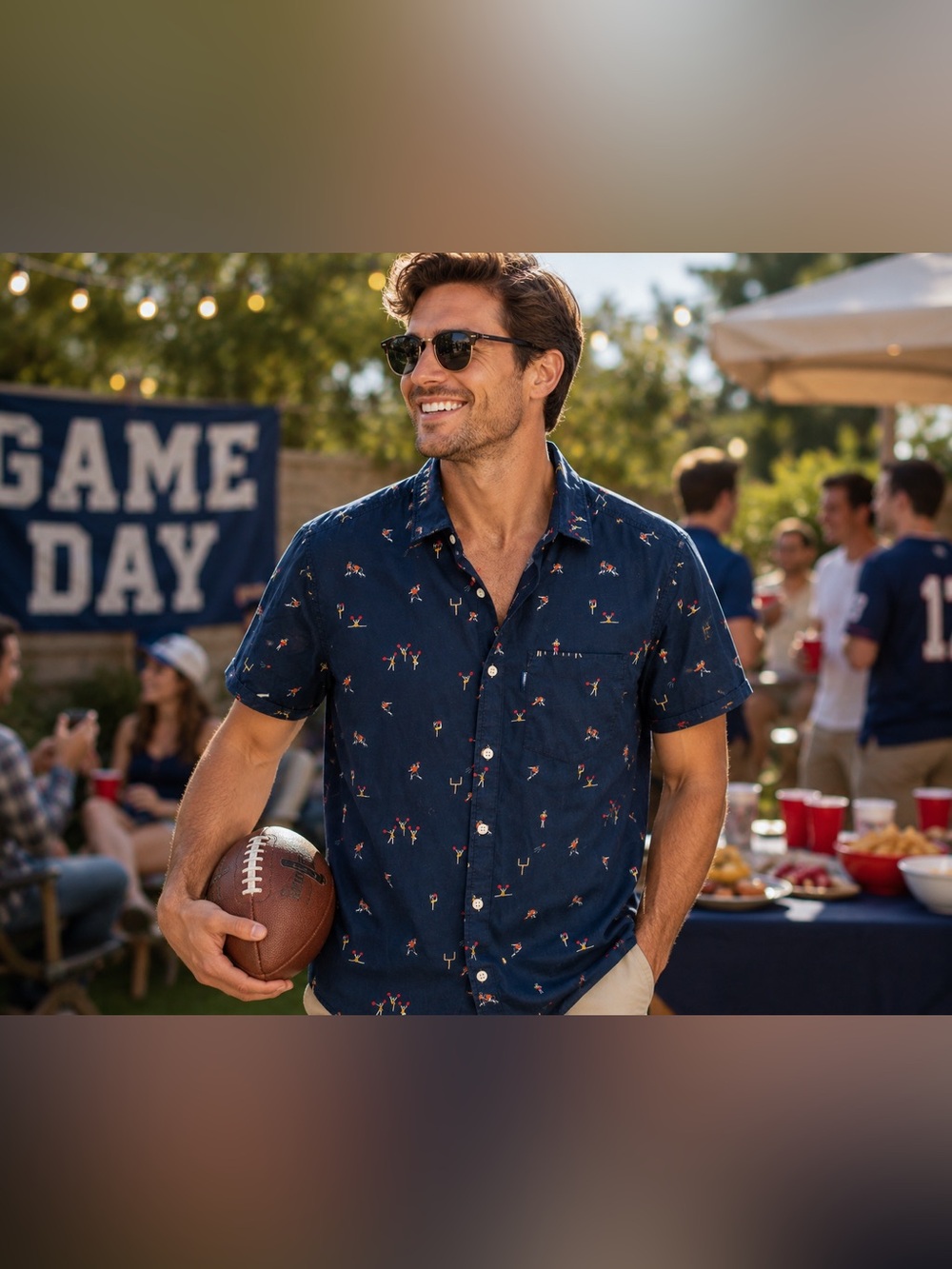Casual OG Penguin M Short Sleeve Button Up Shirt Navy Football Preppy Summer BBQ